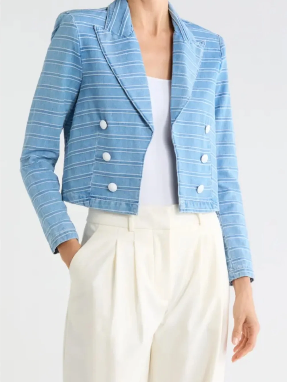 New L'AGENCE Blue Striped Cropped Double-Breasted Jacket Blazer